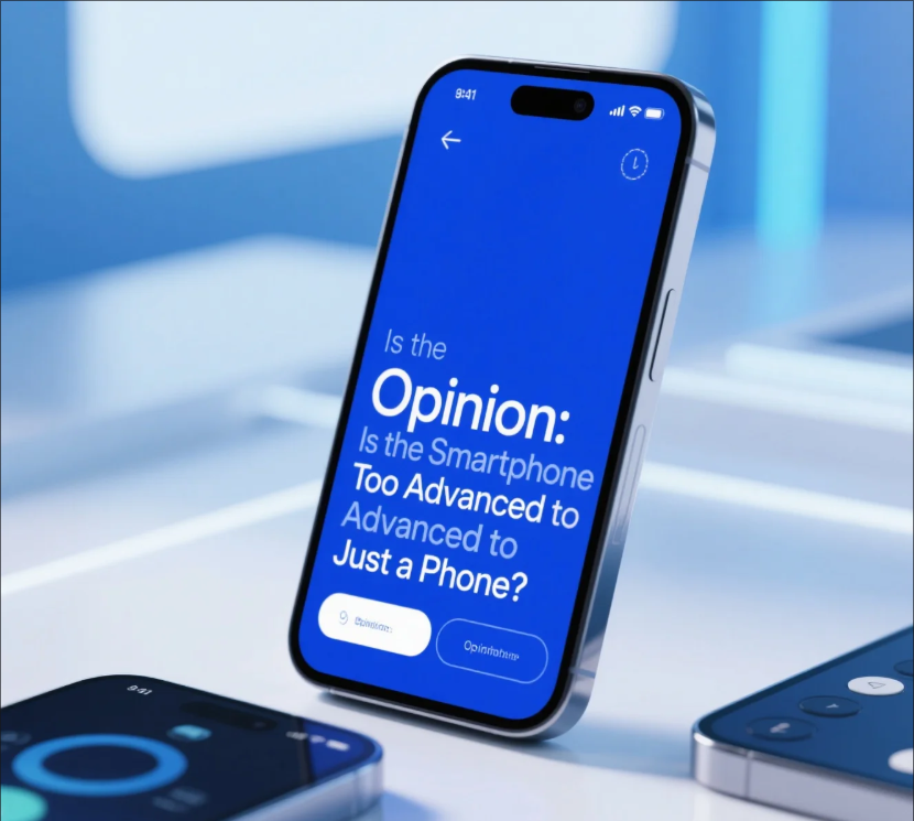 Grafik digital yang menampilkan ilustrasi smartphone dengan ikon panggilan hijau dan tombol "CALL". Teks putih di sebelah kiri bertanya, "Apakah Smartphone Sudah Terlalu Canggih untuk Sekadar Telepon?" dengan latar belakang biru yang tekstur.