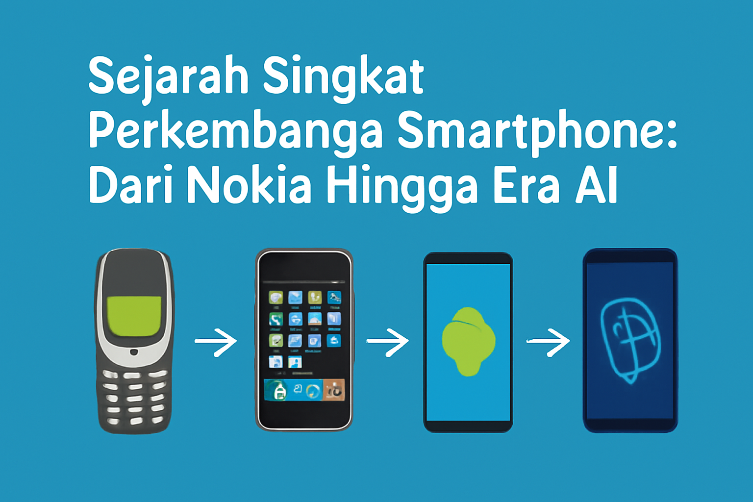 Infografis yang menunjukkan evolusi smartphone dari Nokia 3310 hingga perangkat pintar era AI, dengan teks "Sejarah Singkat Perkembangan Smartphone: Dari Nokia Hingga Era AI" di atasnya. Infografis ini menampilkan empat ponsel ikonik yang mewakili setiap era perkembangan smartphone.