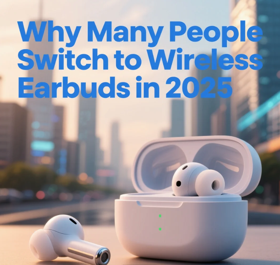 Seorang pengguna mendengarkan musik dengan earbuds nirkabel modern tahun 2025