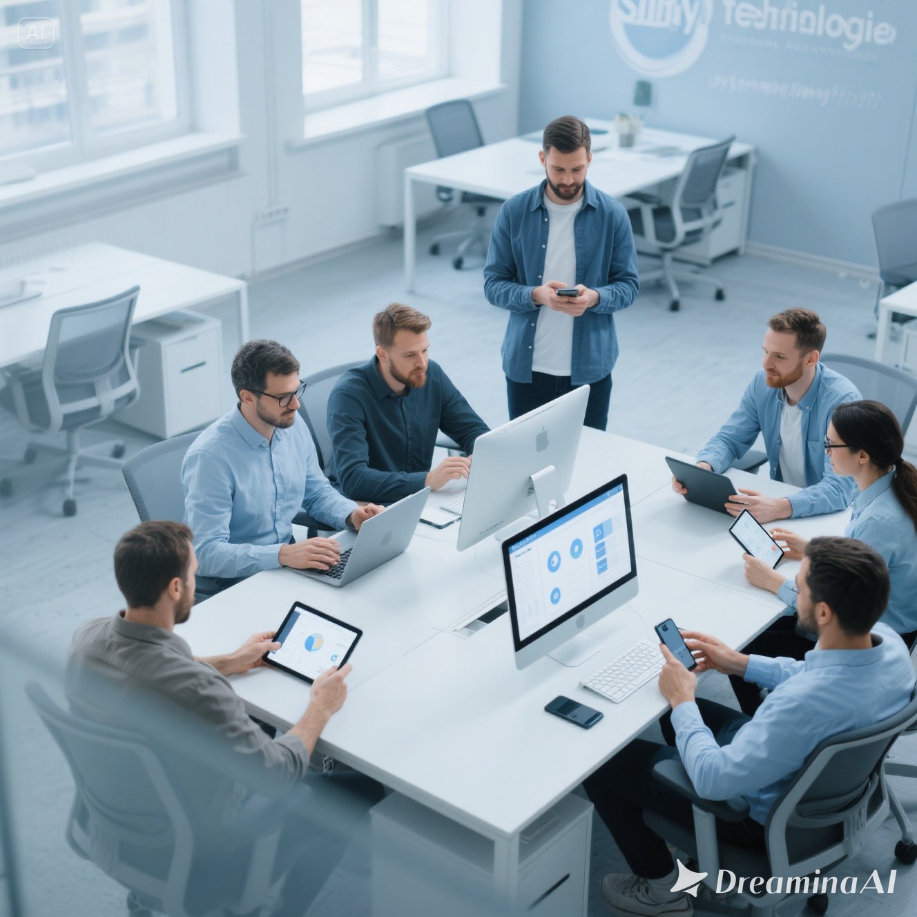 Ilustrasi tim remote yang berkolaborasi melalui platform digital Sbitly Technologie
