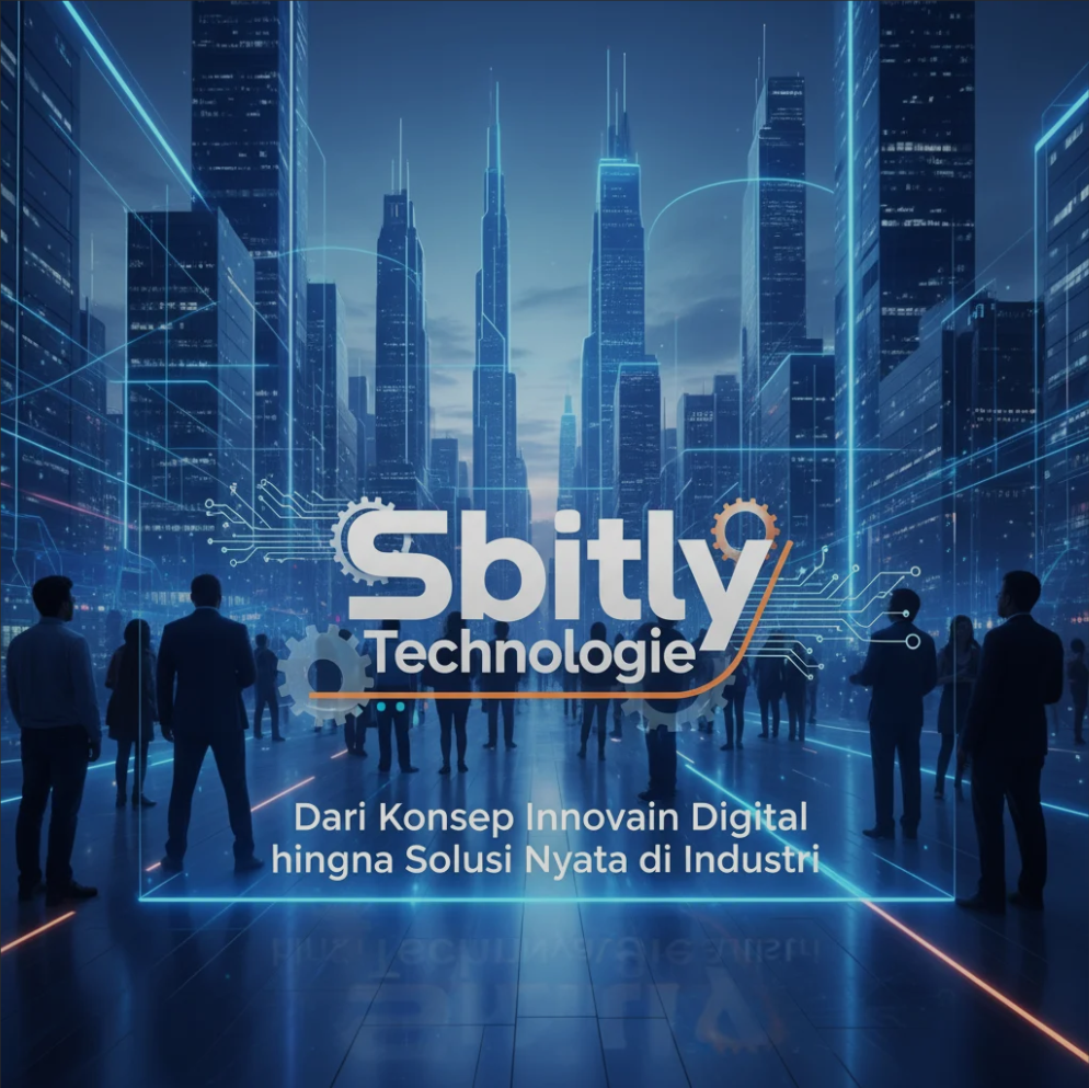 Tim profesional teknologi sedang berkolaborasi di ruang kerja modern dengan layar digital, mewakili inovasi dan solusi industri dari Sbitly Technologie.