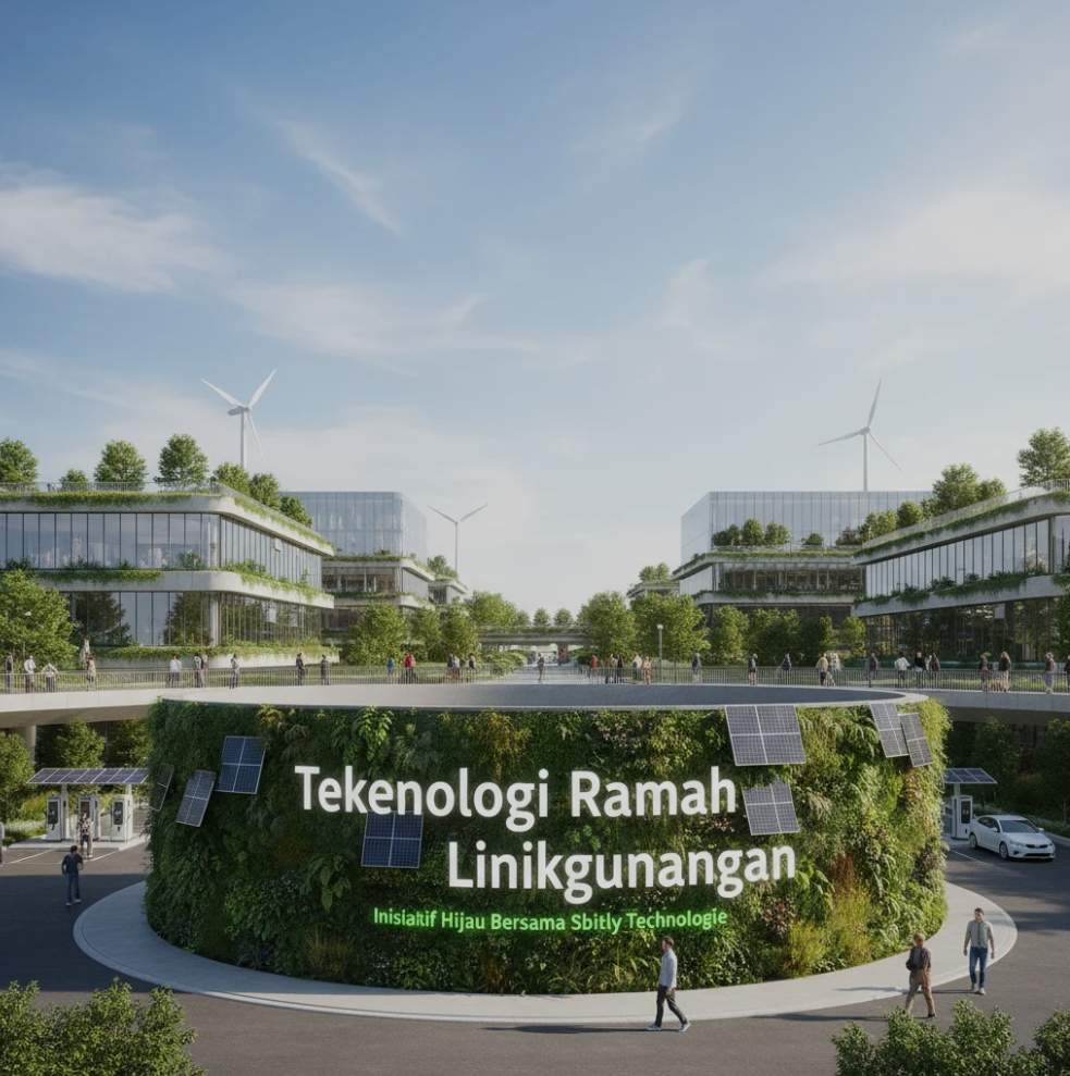 Green technology concept illustration showing digital servers, eco-friendly icons, and renewable energy elements representing Sbitly Technologie’s sustainability initiatives