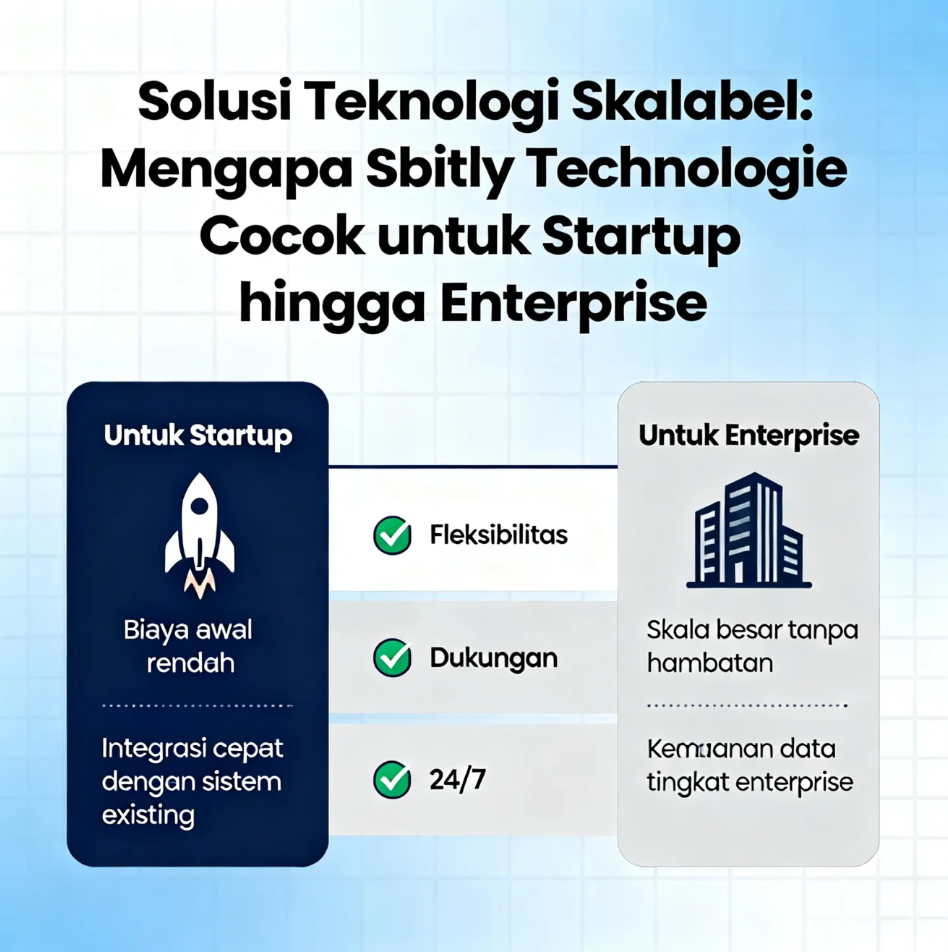 Ilustrasi tim startup dan enterprise menggunakan platform teknologi skalabel Sbitly Technologie untuk analisis data dan pertumbuhan bisnis
