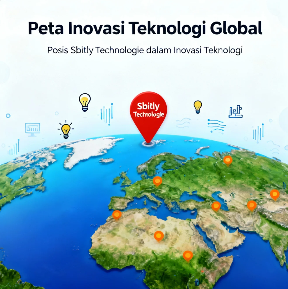 Ilustrasi peta dunia dengan jaringan teknologi dan sistem digital Sbitly